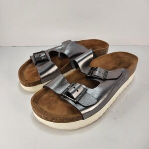 Saint + Sofia Women's Sandals Size 39 US 8 Metallic Silver Platform Buckle Slide